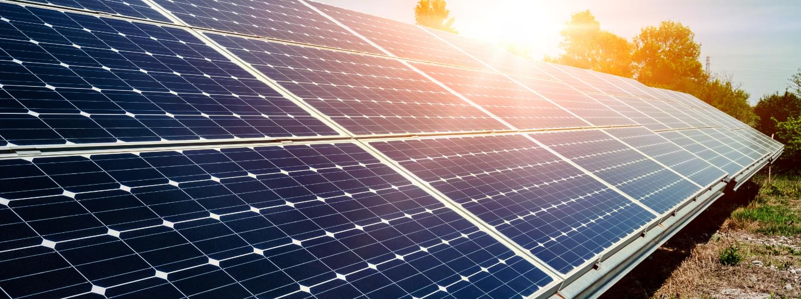 Solar panels with sunset